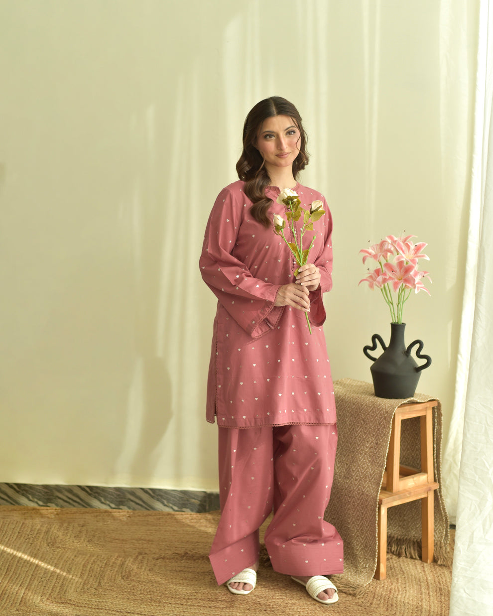 Dilara 3PC | Tea Rose Pink Embroidered Lawn Kurta with Farshi Shalwar & Chiffon Dupatta