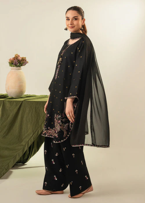 Zarqaa 3PC | Black Lawn Kurta with Gold & Pastel Floral Embroidery, Farshi Shalwar & Chiffon Dupatta
