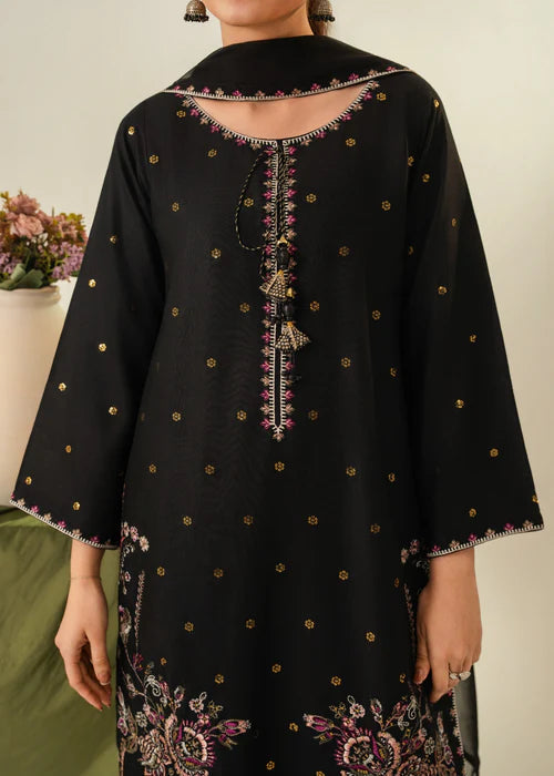 Zarqaa 3PC | Black Lawn Kurta with Gold & Pastel Floral Embroidery, Farshi Shalwar & Chiffon Dupatta