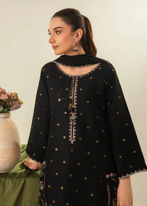 Zarqaa 3PC | Black Lawn Kurta with Gold & Pastel Floral Embroidery, Farshi Shalwar & Chiffon Dupatta