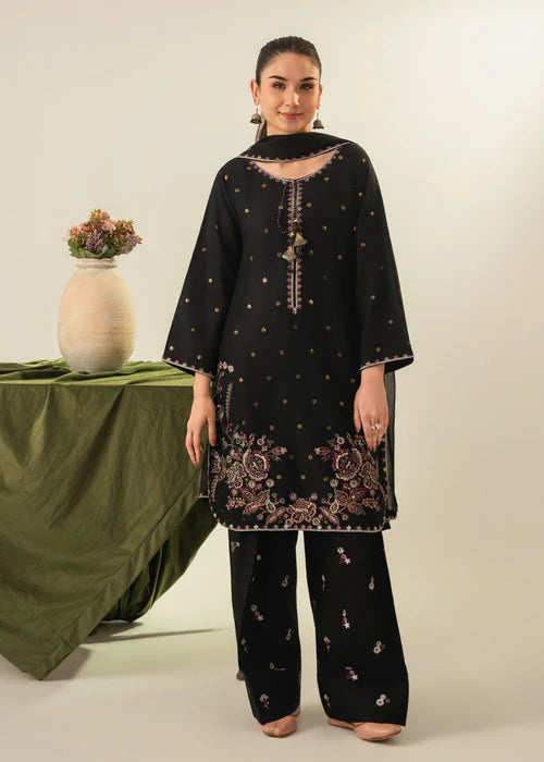 Zarqaa 3PC | Black Lawn Kurta with Gold & Pastel Floral Embroidery, Farshi Shalwar & Chiffon Dupatta