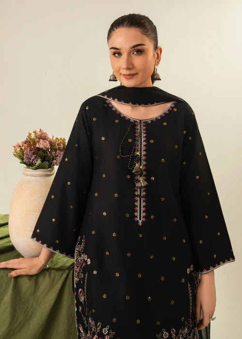 Zarqaa 3PC | Black Lawn Kurta with Gold & Pastel Floral Embroidery, Farshi Shalwar & Chiffon Dupatta