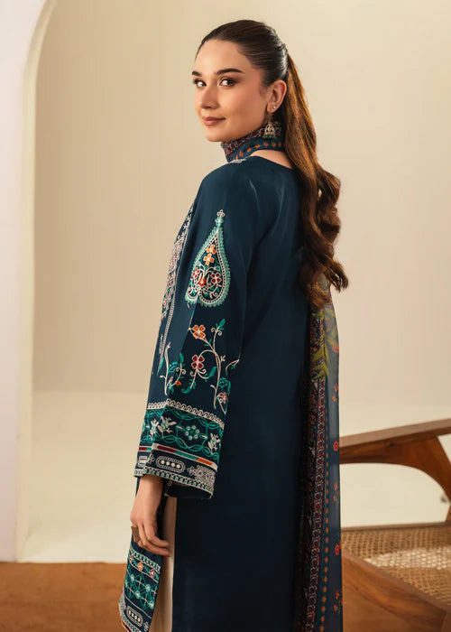 Sajjal Embroidered 3PC | Deep Teal Multi-Color Embroidered Lawn Kurta with Farshi Shalwar & Chiffon Dupatta