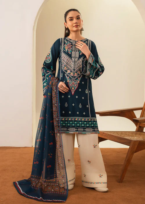 Sajjal Embroidered 3PC | Deep Teal Multi-Color Embroidered Lawn Kurta with Farshi Shalwar & Chiffon Dupatta