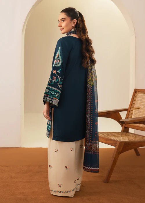 Sajjal Embroidered 3PC | Deep Teal Multi-Color Embroidered Lawn Kurta with Farshi Shalwar & Chiffon Dupatta