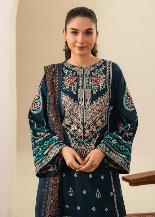 Sajjal Embroidered 3PC | Deep Teal Multi-Color Embroidered Lawn Kurta with Farshi Shalwar & Chiffon Dupatta