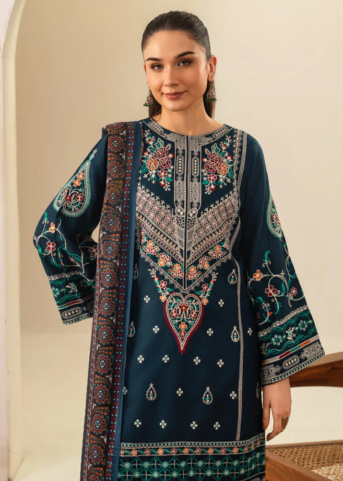 Sajjal Embroidered 3PC | Deep Teal Multi-Color Embroidered Lawn Kurta with Farshi Shalwar & Chiffon Dupatta