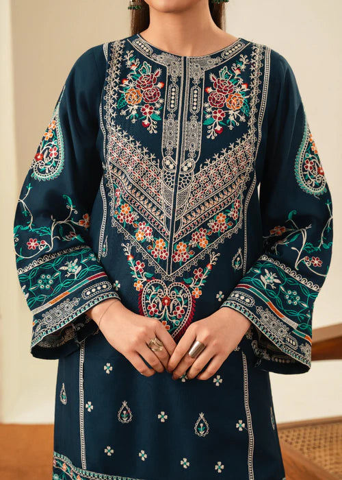 Sajjal Embroidered 3PC | Deep Teal Multi-Color Embroidered Lawn Kurta with Farshi Shalwar & Chiffon Dupatta