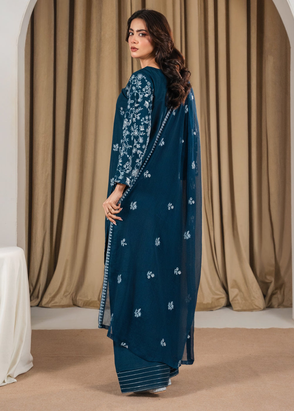 Fari Embroidered 3PC | Deep Teal Lawn Kurta with Farshi Shalwar & Chiffon Dupatta