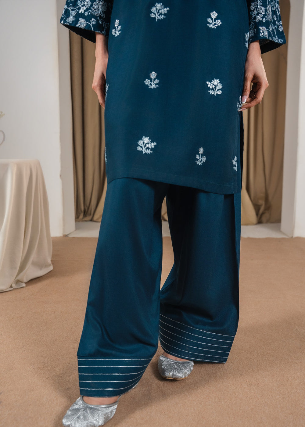 Fari Embroidered 3PC | Deep Teal Lawn Kurta with Farshi Shalwar & Chiffon Dupatta