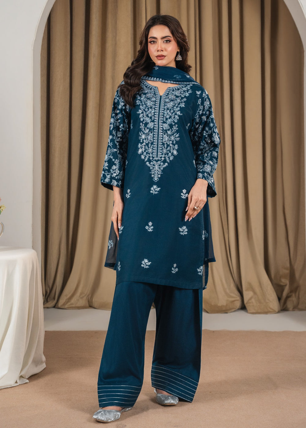 Fari Embroidered 3PC | Deep Teal Lawn Kurta with Farshi Shalwar & Chiffon Dupatta