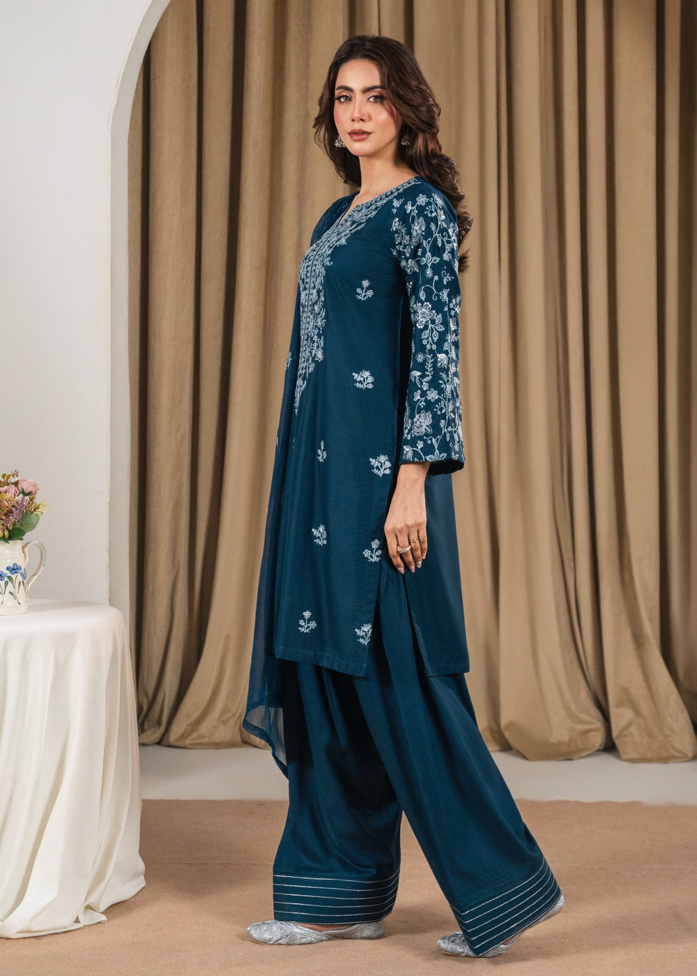 Fari Embroidered 3PC | Deep Teal Lawn Kurta with Farshi Shalwar & Chiffon Dupatta