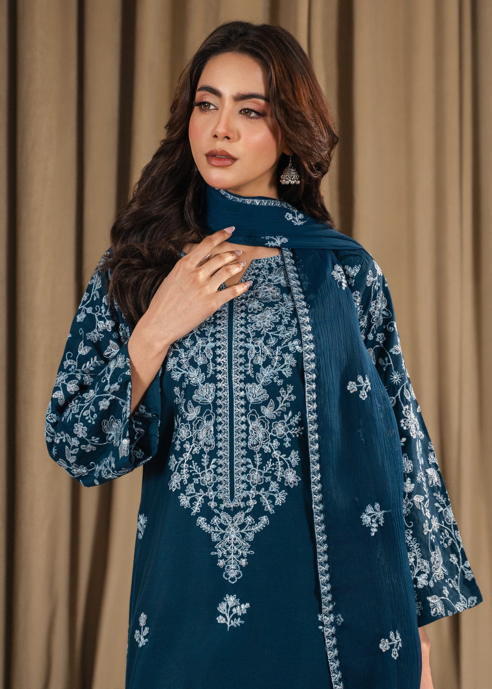 Fari Embroidered 3PC | Deep Teal Lawn Kurta with Farshi Shalwar & Chiffon Dupatta