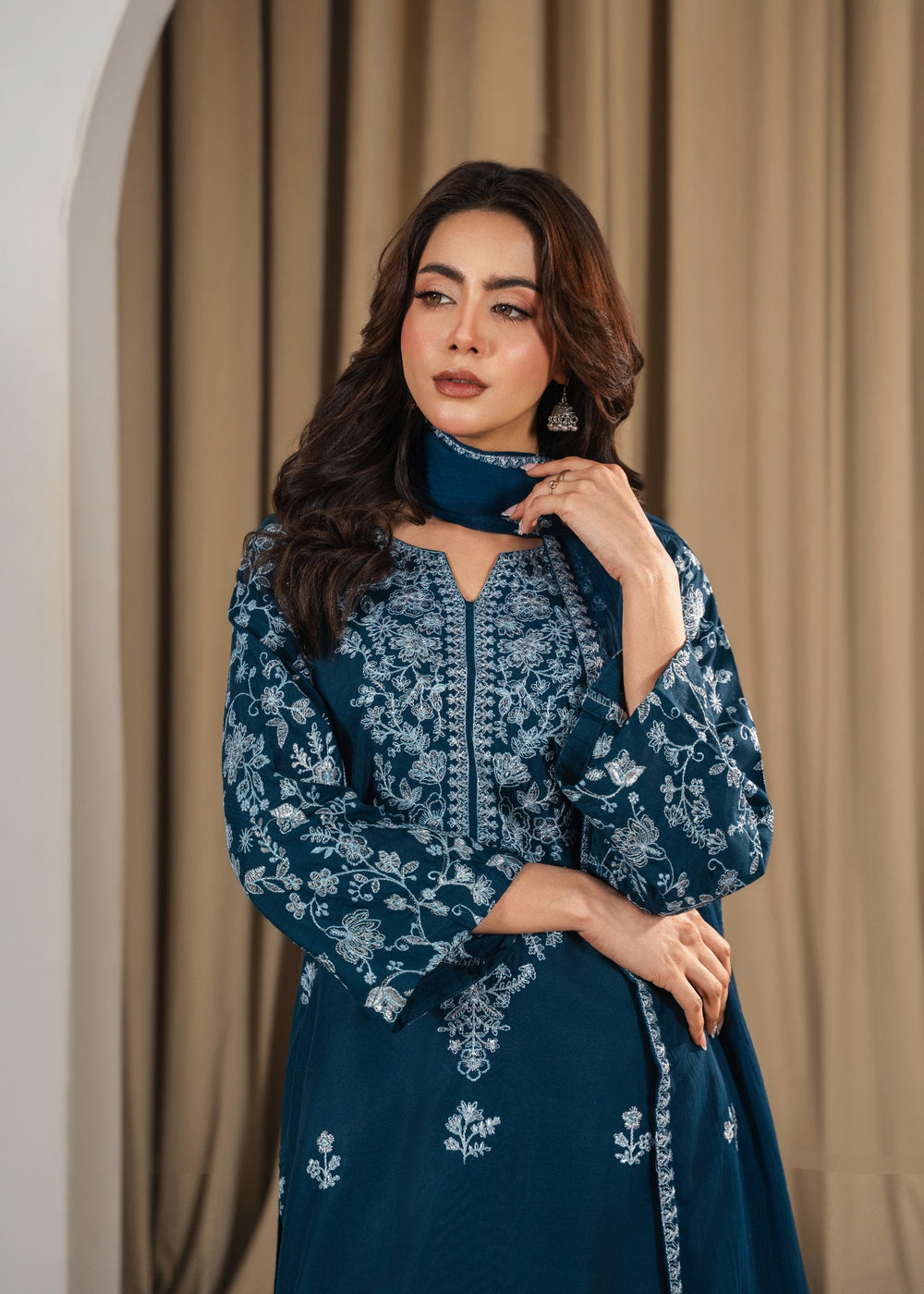 Fari Embroidered 3PC | Deep Teal Lawn Kurta with Farshi Shalwar & Chiffon Dupatta