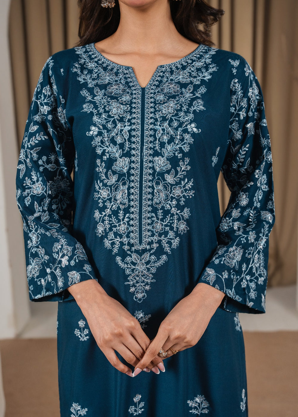 Fari Embroidered 3PC | Deep Teal Lawn Kurta with Farshi Shalwar & Chiffon Dupatta