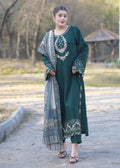 Mannat Embroidered 3PC | Deep Emerald Green Lawn Kurta with Printed Voile Dupatta