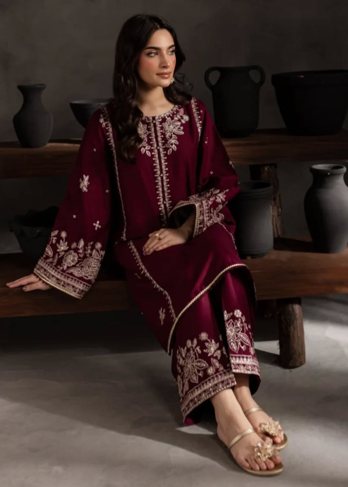 Chand Embroidered 2PC | Deep Maroon Lawn Kurta with Ivory Embroidery