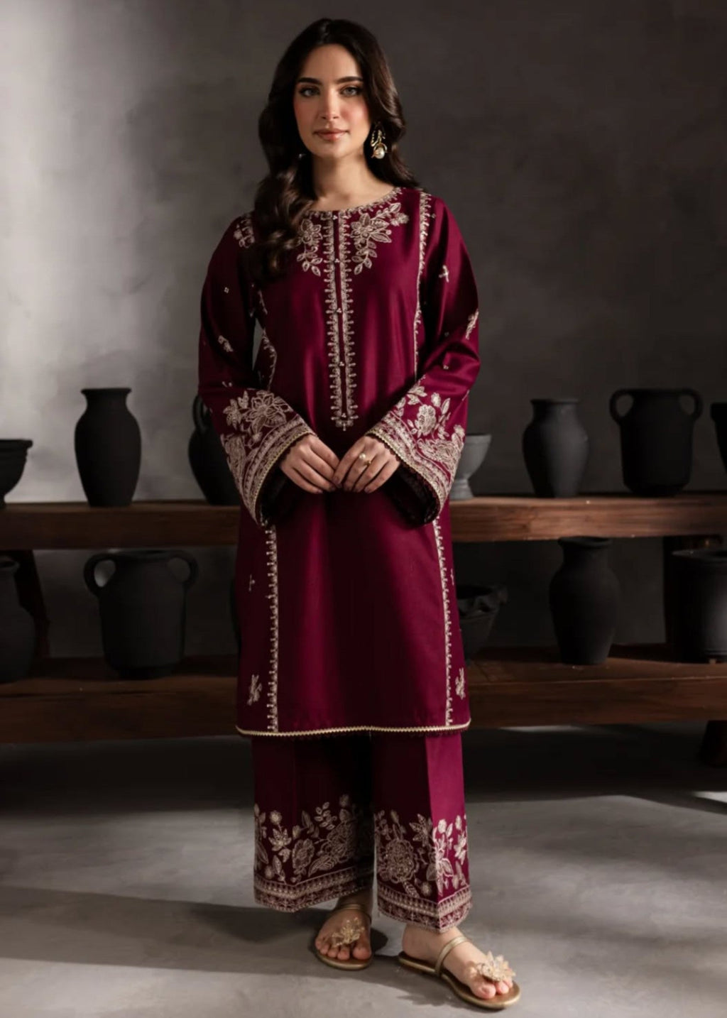 Chand Embroidered 2PC | Deep Maroon Lawn Kurta with Ivory Embroidery