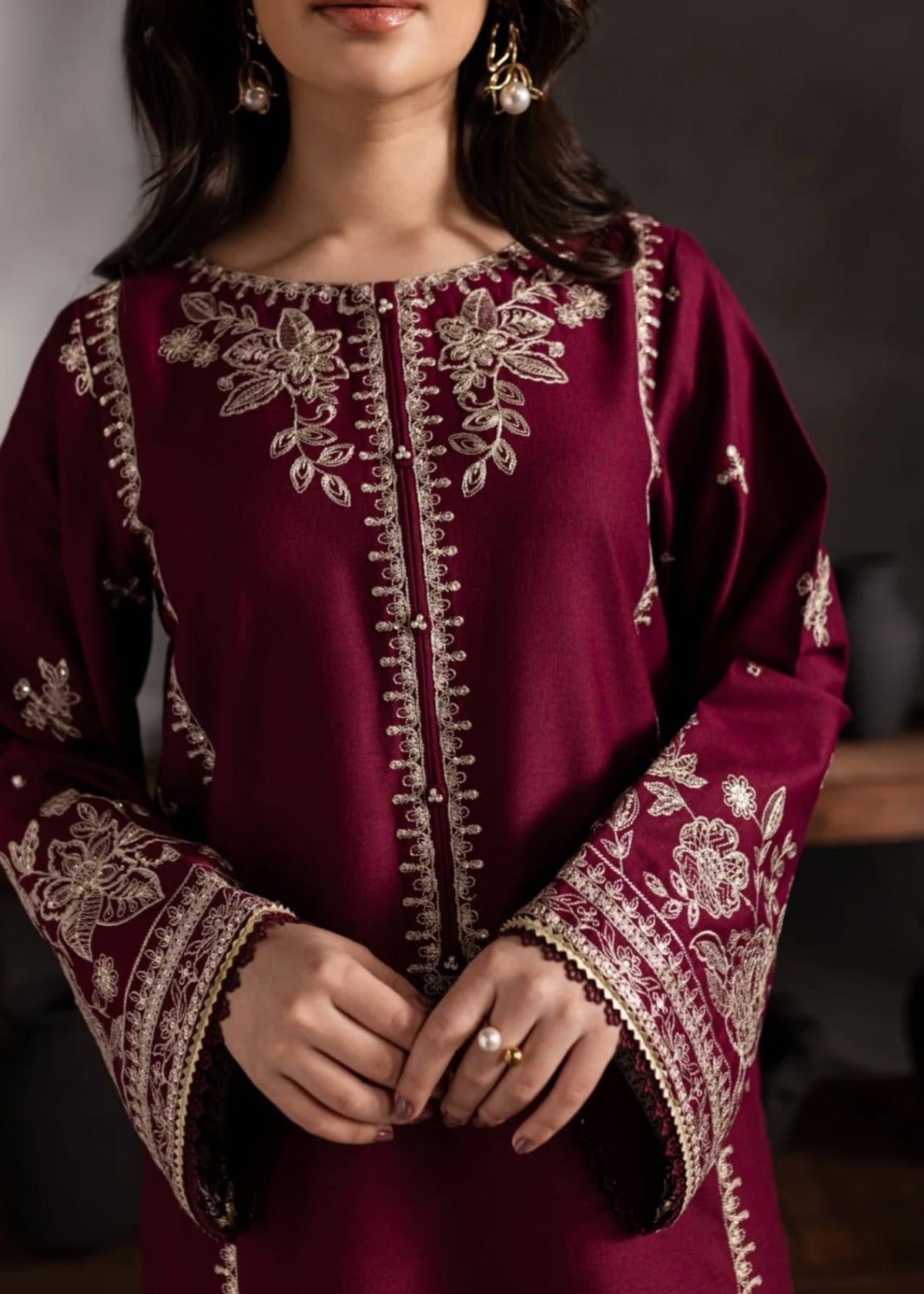 Chand Embroidered 2PC | Deep Maroon Lawn Kurta with Ivory Embroidery