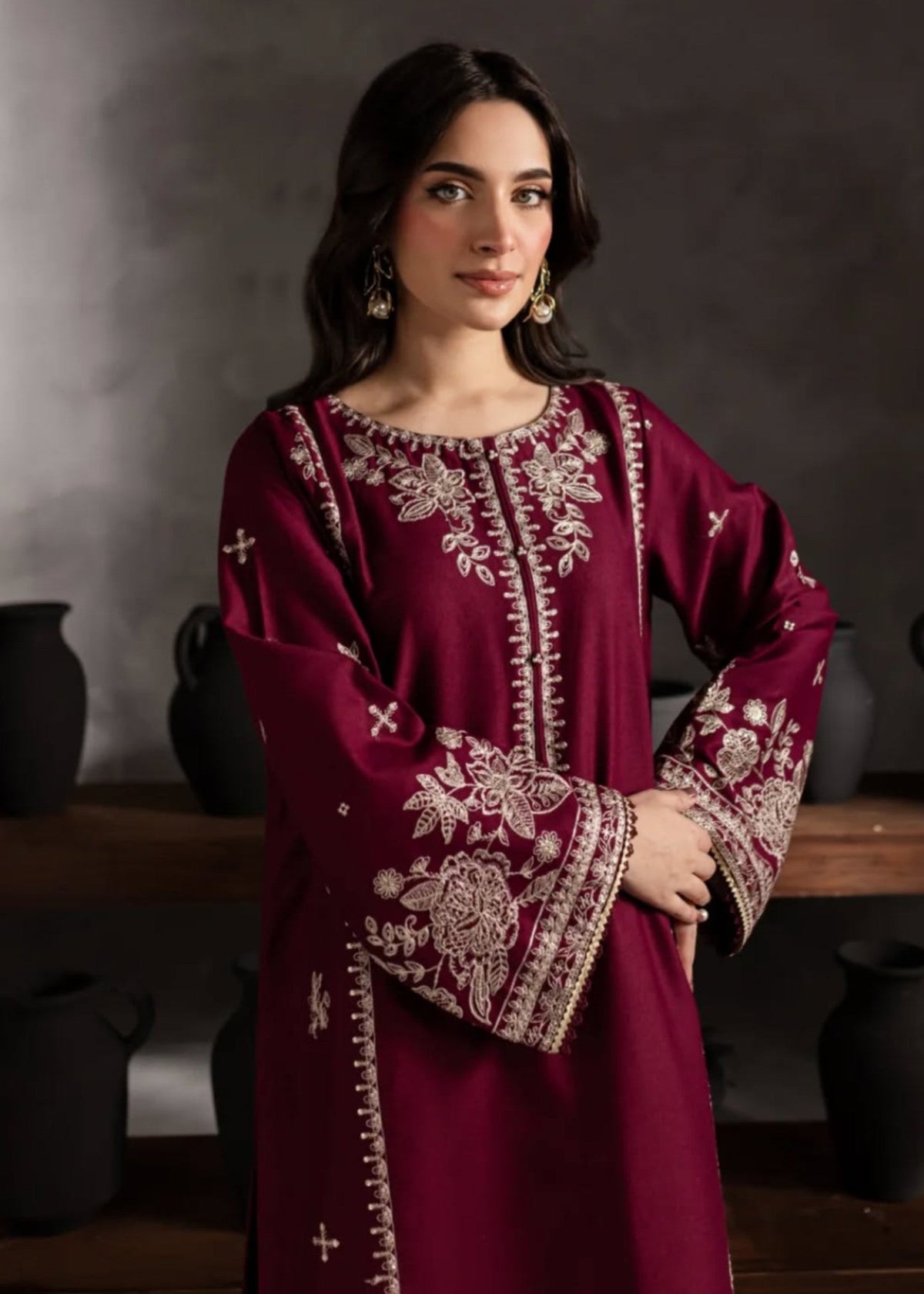 Chand Embroidered 2PC | Deep Maroon Lawn Kurta with Ivory Embroidery