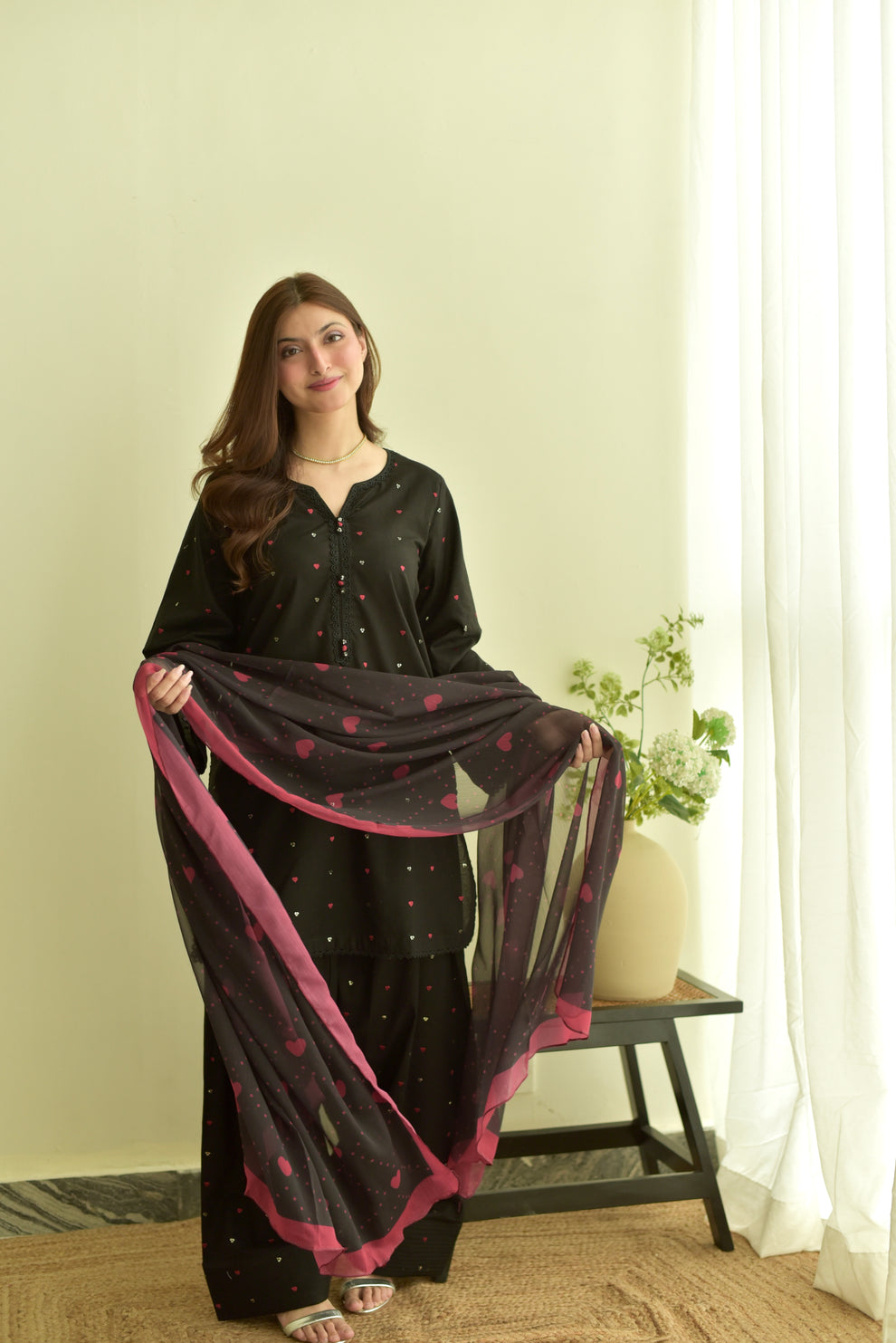 Dilara Black 3PC | Black Embroidered Lawn Kurta with Farshi Shalwar & Chiffon Dupatta