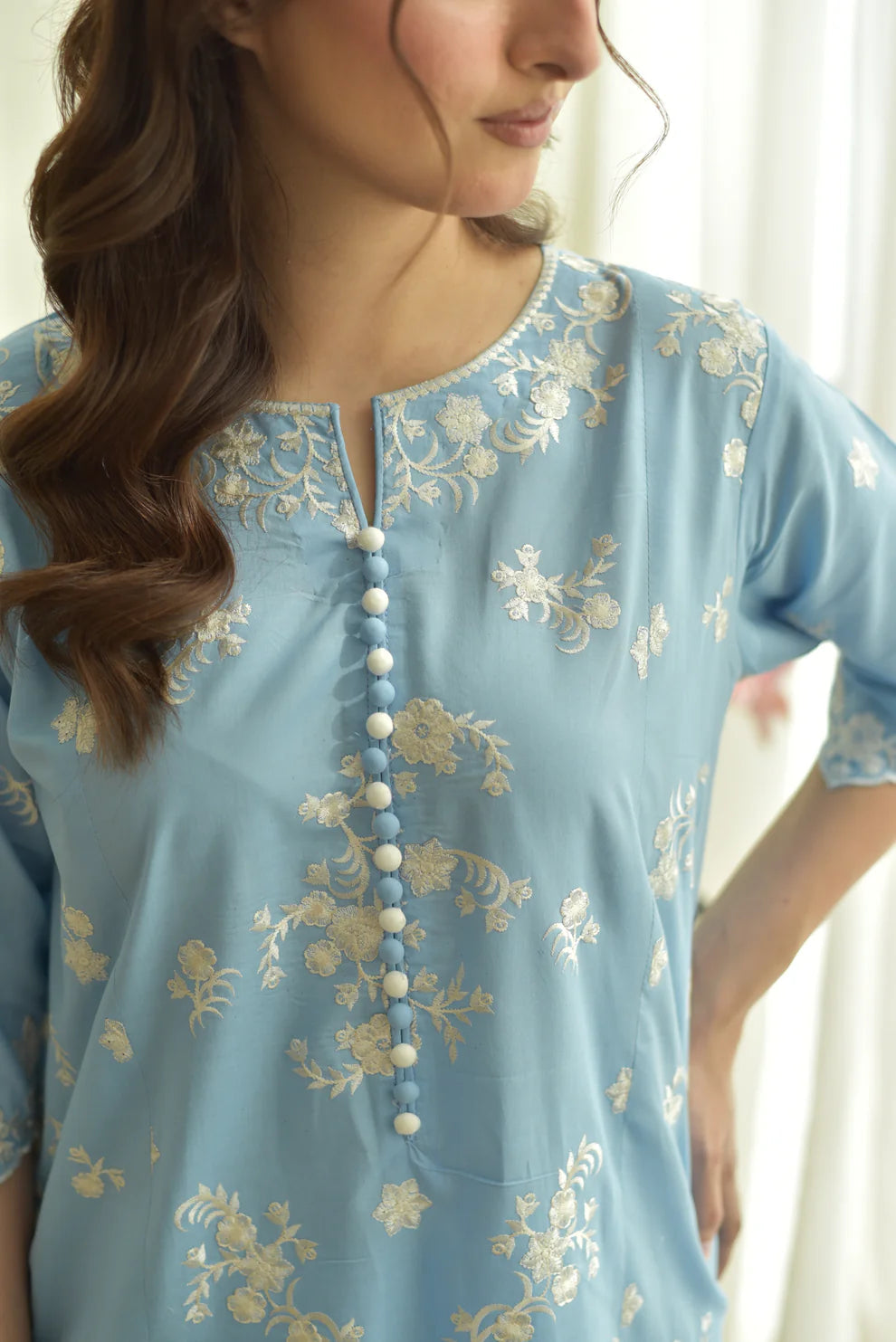 Bluebell Bloom 3PC | Sky Blue Embroidered Lawn Kurta with Farshi Shalwar & Chiffon Dupatta