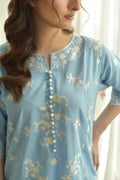 Bluebell Bloom 3PC | Sky Blue Embroidered Lawn Kurta with Farshi Shalwar & Chiffon Dupatta