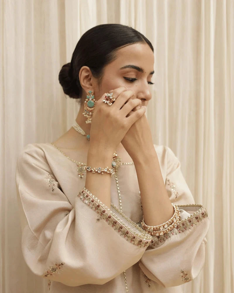 Golden Petal Lawn Suit | Golden Embroidery with Organza Dupatta