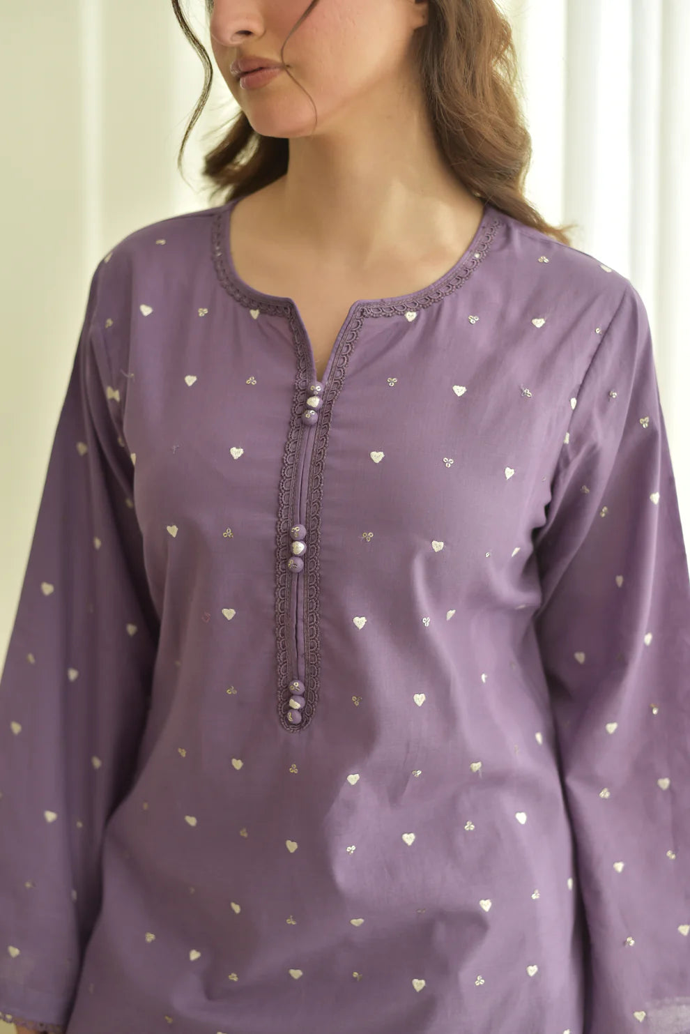 Dilara Purple Heart 3PC | Purple Embroidered Lawn Kurta with Farshi Shalwar & Chiffon Dupatta
