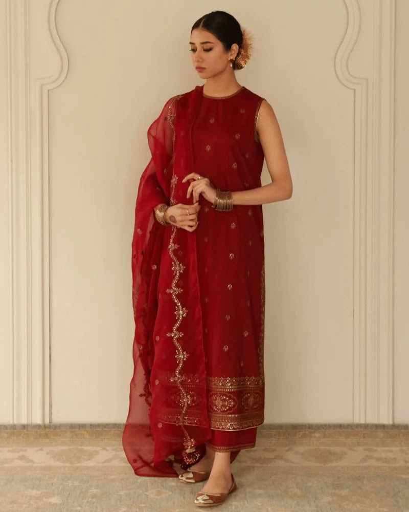 Royal Red Maroon Attire – Luxury 3-Piece Suit for Women