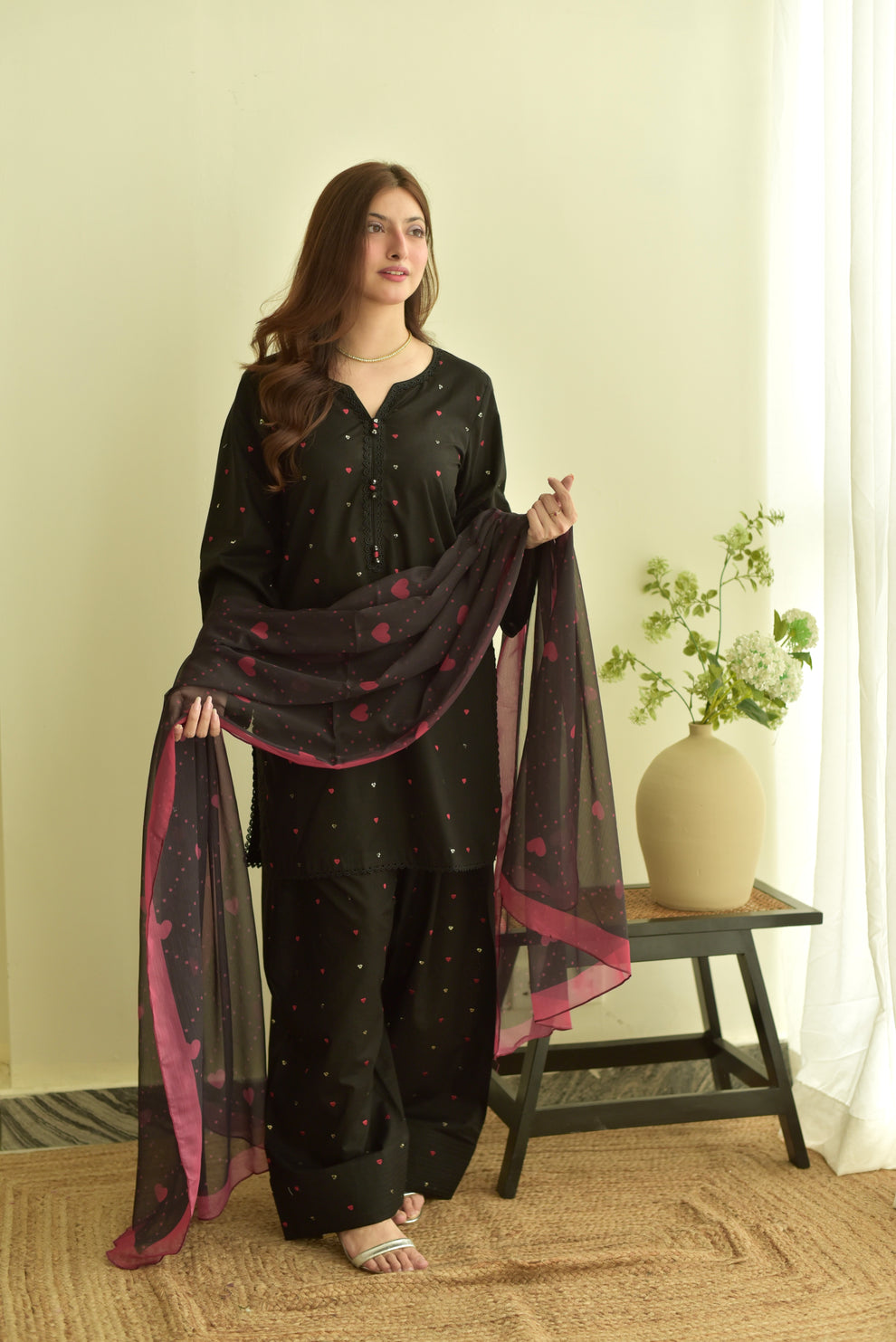 Dilara Black 3PC | Black Embroidered Lawn Kurta with Farshi Shalwar & Chiffon Dupatta