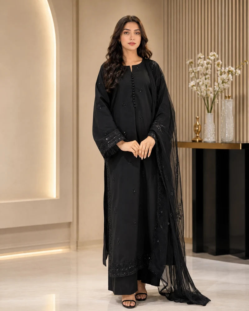 Shab-e-Noor - Black 3 Piece Stitched Suit with black Sequence Work | Luxury Pret