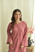 Dilara 3PC | Tea Rose Pink Embroidered Lawn Kurta with Farshi Shalwar & Chiffon Dupatta