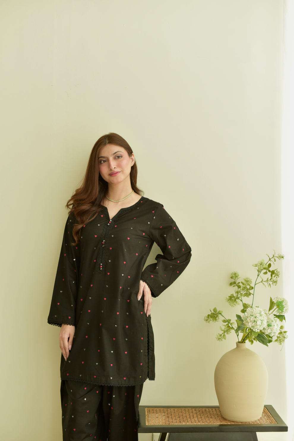 Dilara Black 3PC | Black Embroidered Lawn Kurta with Farshi Shalwar & Chiffon Dupatta