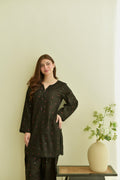 Dilara Black 3PC | Black Embroidered Lawn Kurta with Farshi Shalwar & Chiffon Dupatta