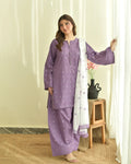 Dilara Purple Heart 3PC | Purple Embroidered Lawn Kurta with Farshi Shalwar & Chiffon Dupatta