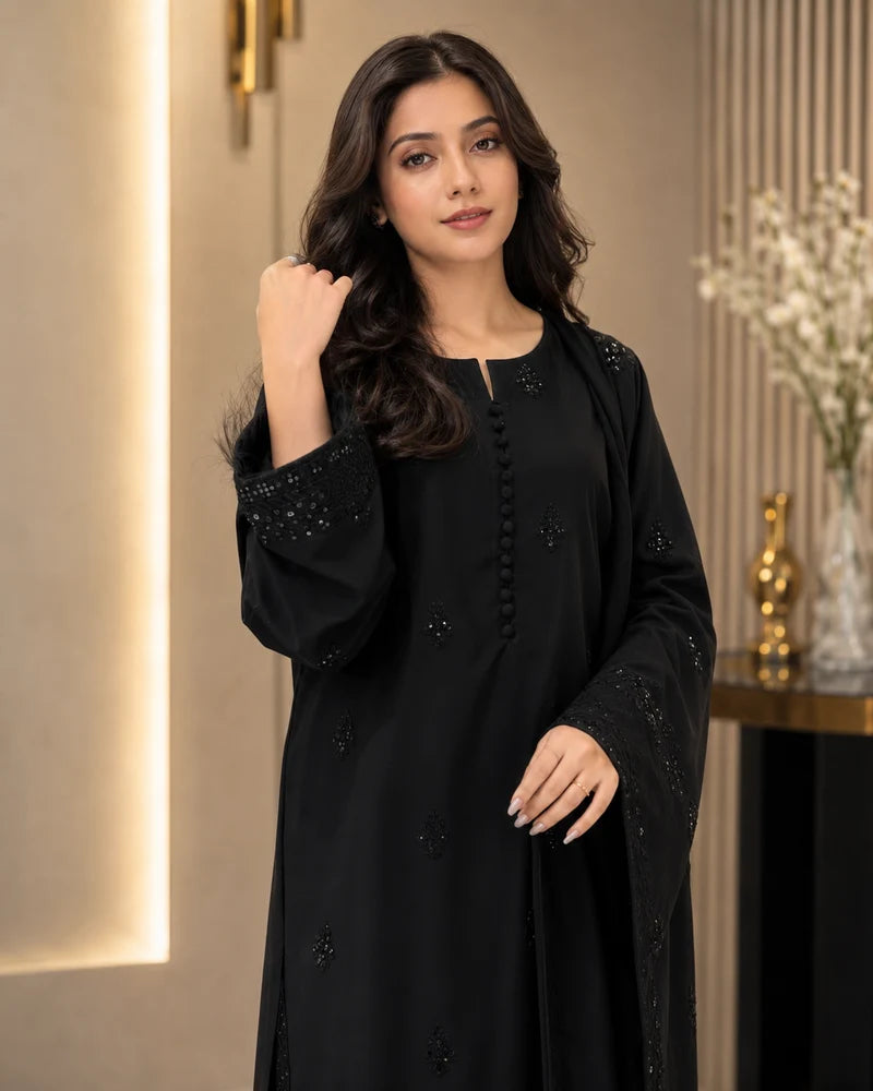 Shab-e-Noor - Black 3 Piece Stitched Suit with black Sequence Work | Luxury Pret
