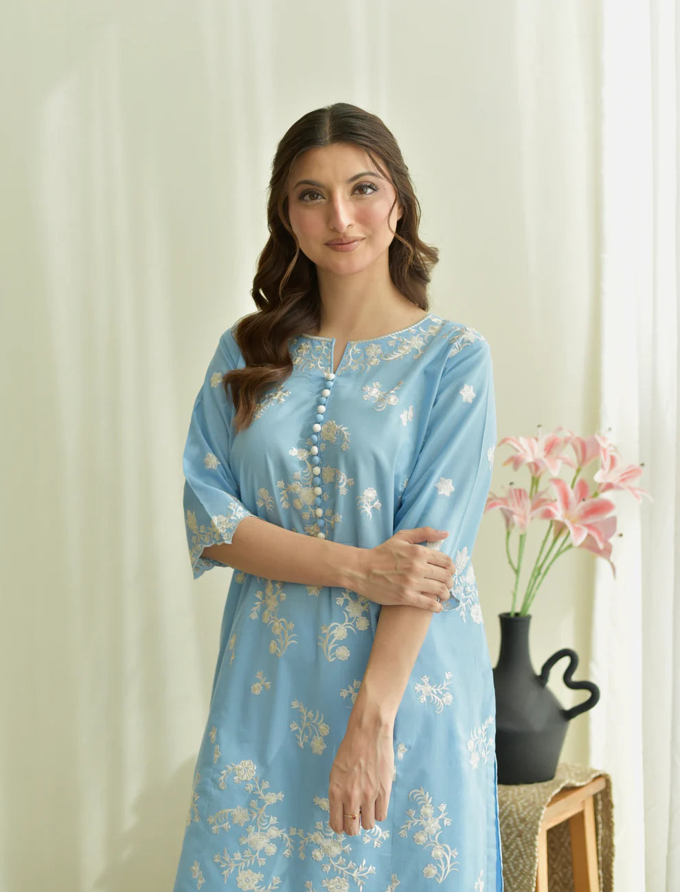 Bluebell Bloom 3PC | Sky Blue Embroidered Lawn Kurta with Farshi Shalwar & Chiffon Dupatta