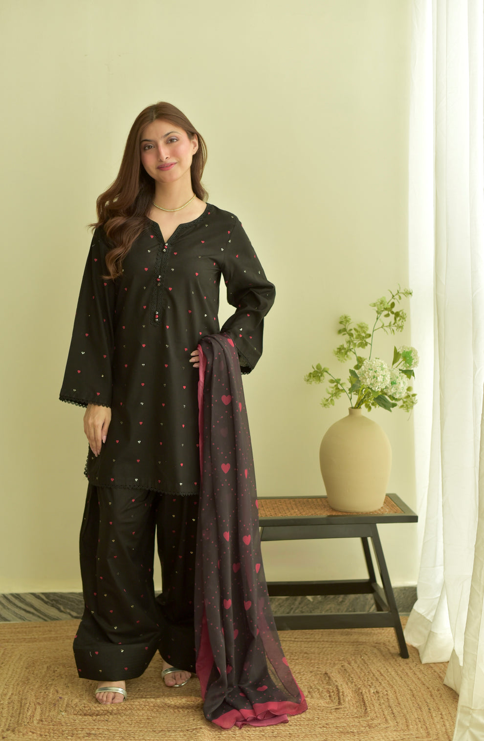 Dilara Black 3PC | Black Embroidered Lawn Kurta with Farshi Shalwar & Chiffon Dupatta