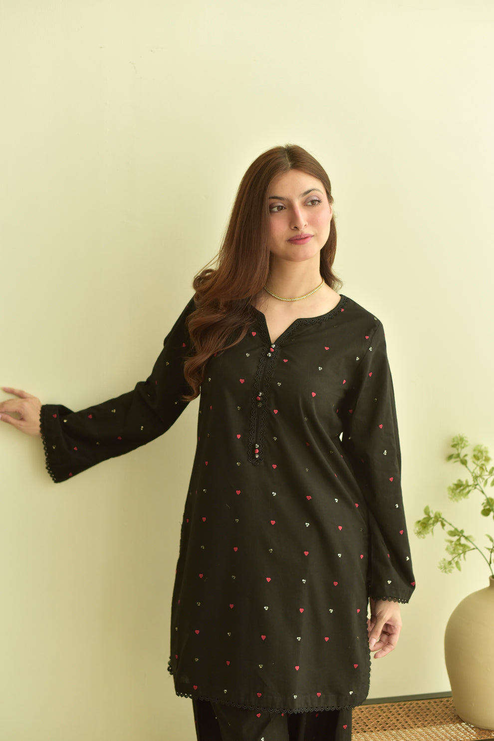 Dilara Black 3PC | Black Embroidered Lawn Kurta with Farshi Shalwar & Chiffon Dupatta