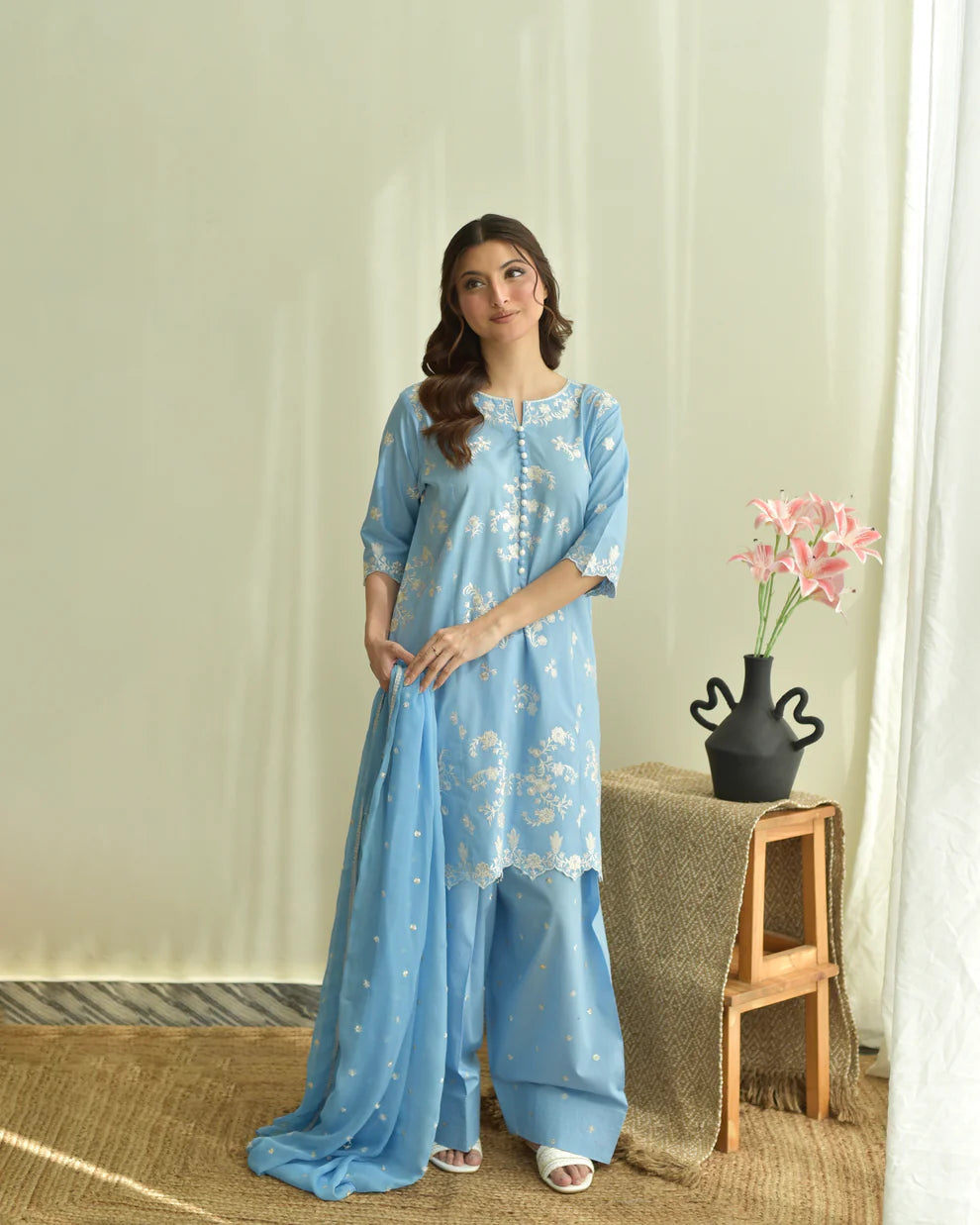 Bluebell Bloom 3PC | Sky Blue Embroidered Lawn Kurta with Farshi Shalwar & Chiffon Dupatta
