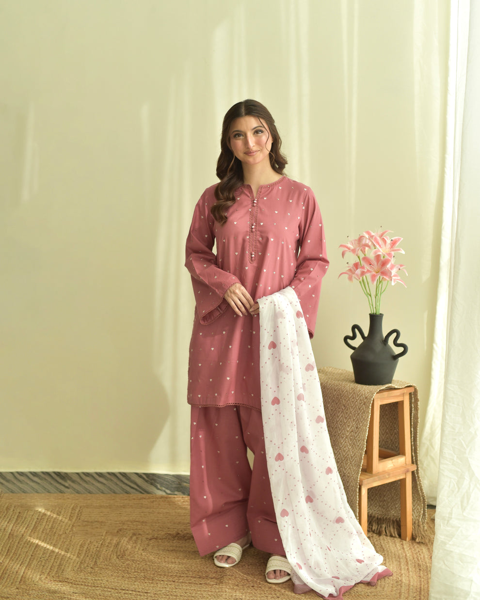 Dilara 3PC | Tea Rose Pink Embroidered Lawn Kurta with Farshi Shalwar & Chiffon Dupatta