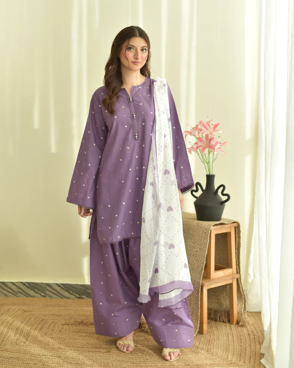 Dilara Purple Heart 3PC | Purple Embroidered Lawn Kurta with Farshi Shalwar & Chiffon Dupatta