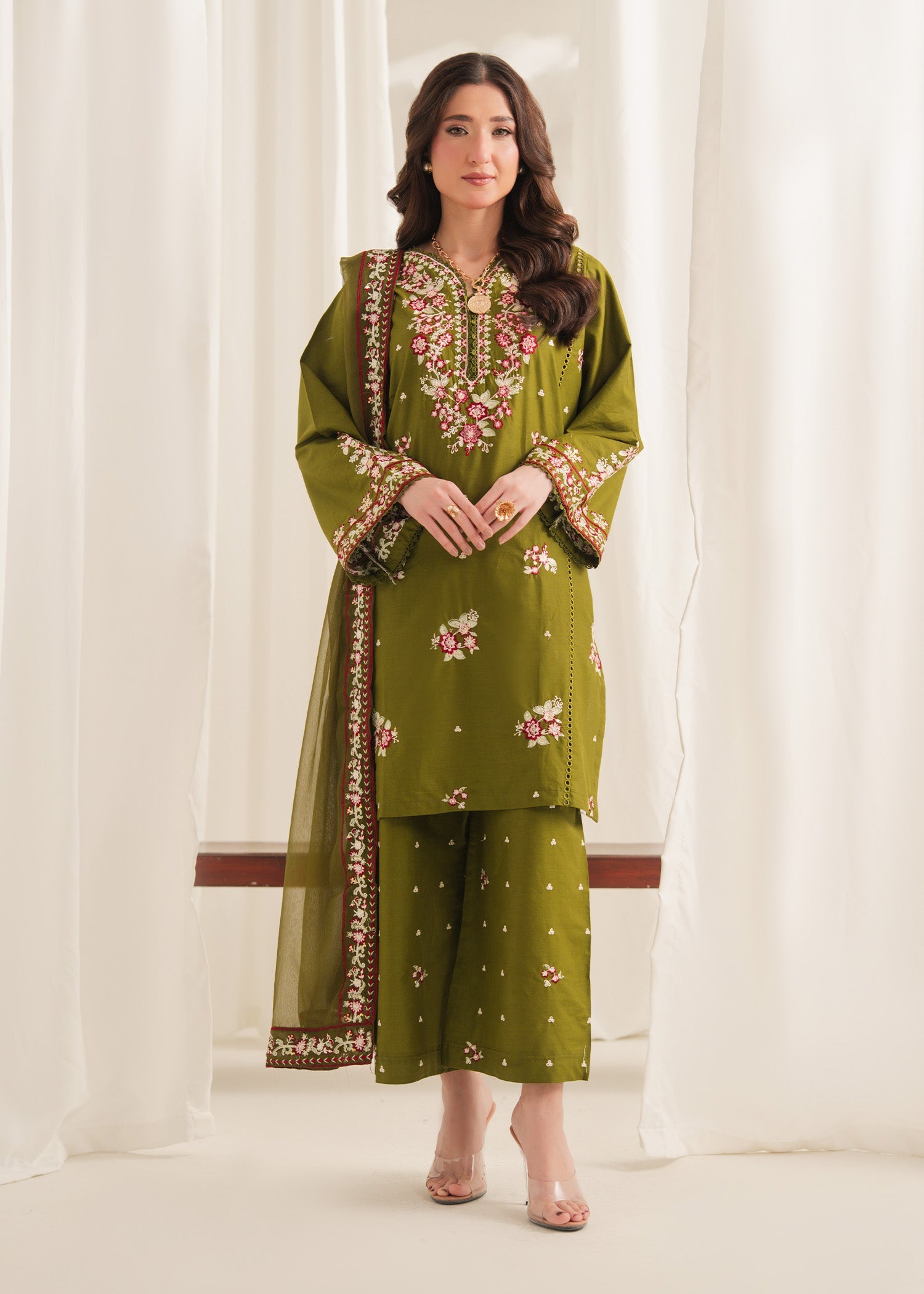 Anarkali Embroidered 3PC | Olive Green Festive Lawn Set with Chiffon Dupatta