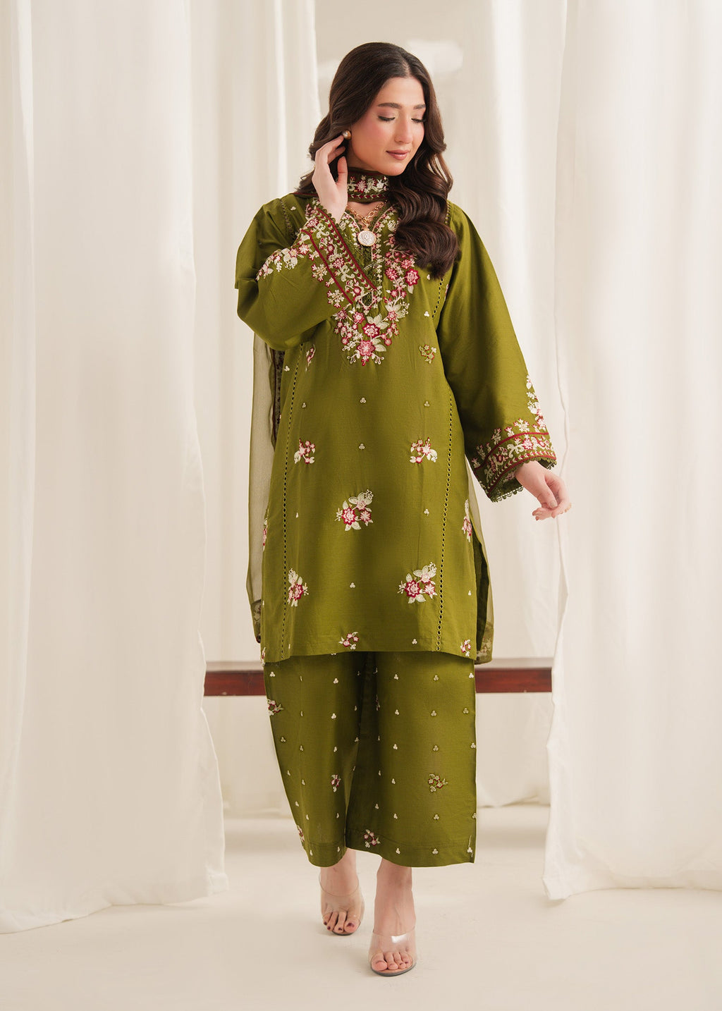 Anarkali Embroidered 3PC | Olive Green Festive Lawn Set with Chiffon Dupatta
