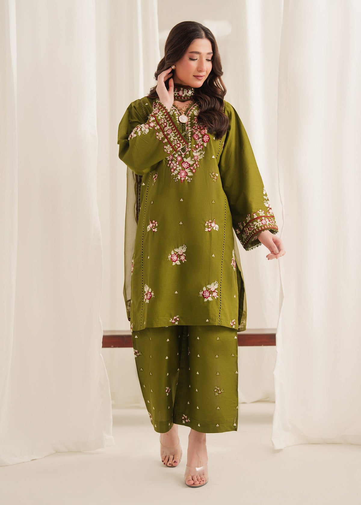 Anarkali Embroidered 3PC | Olive Green Festive Lawn Set with Chiffon Dupatta