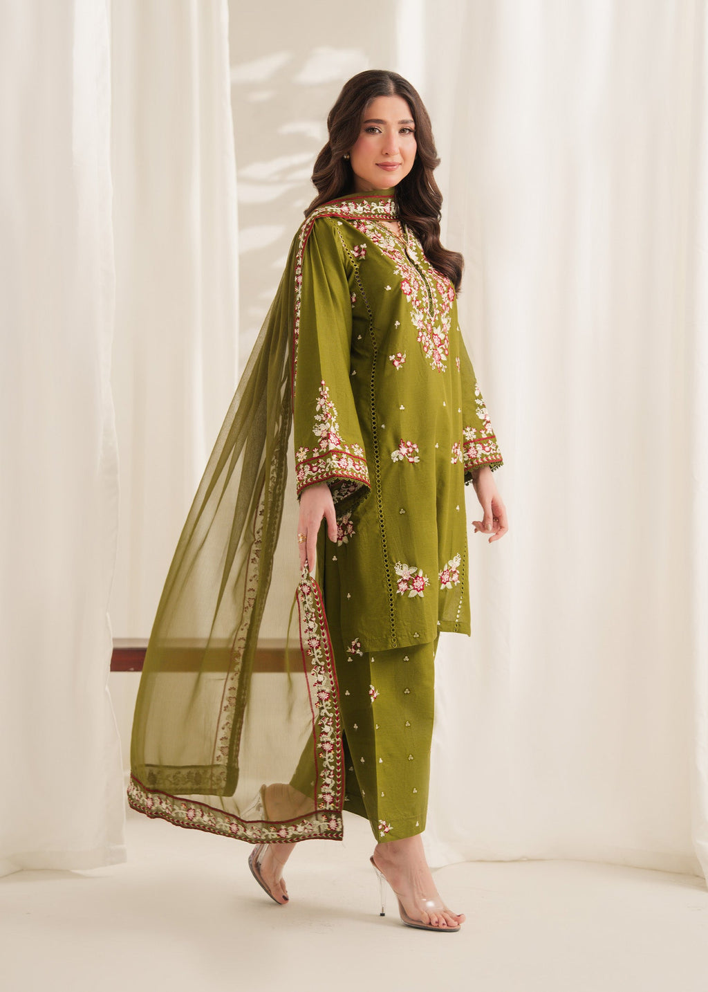 Anarkali Embroidered 3PC | Olive Green Festive Lawn Set with Chiffon Dupatta