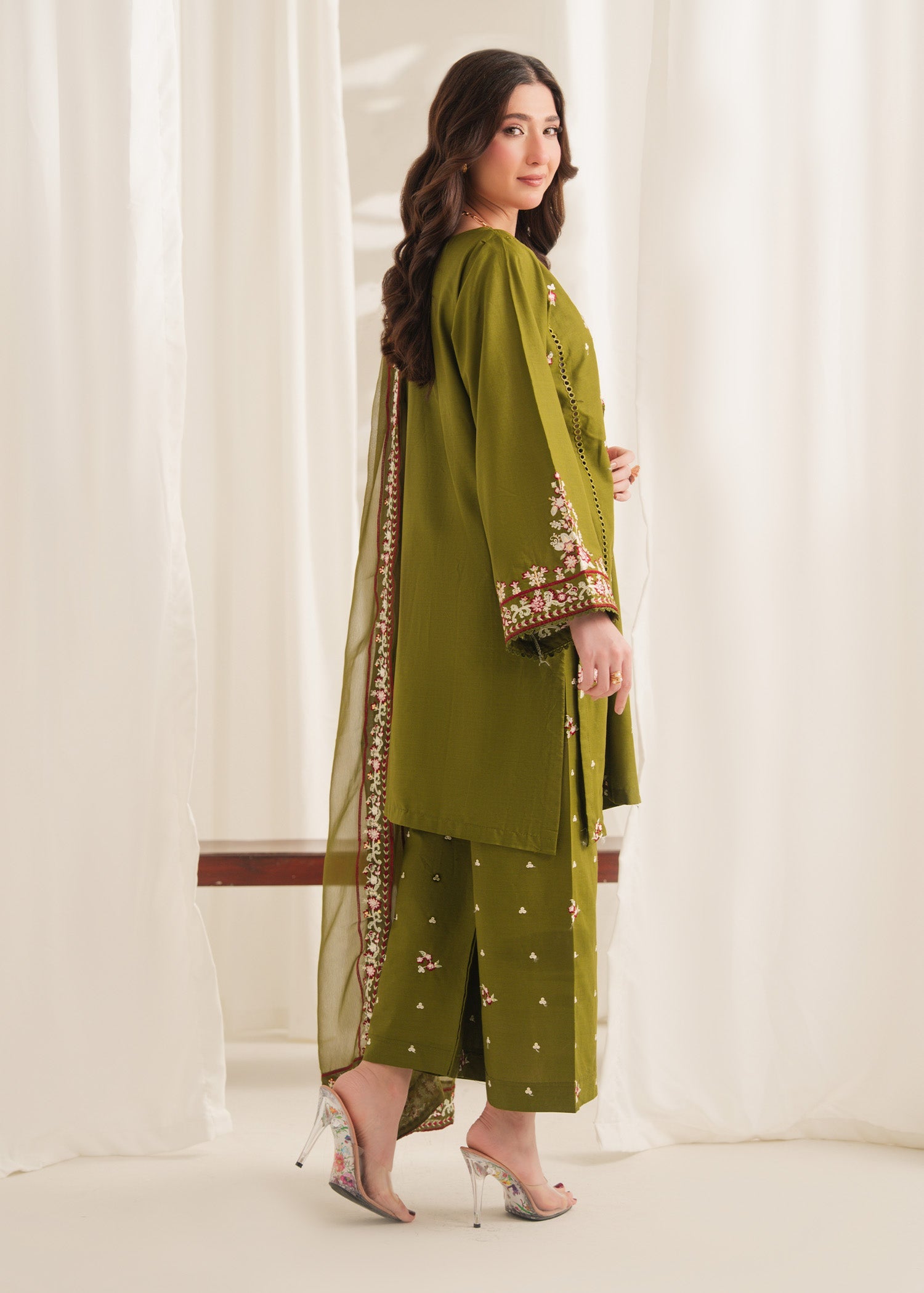 Anarkali Embroidered 3PC | Olive Green Festive Lawn Set with Chiffon Dupatta