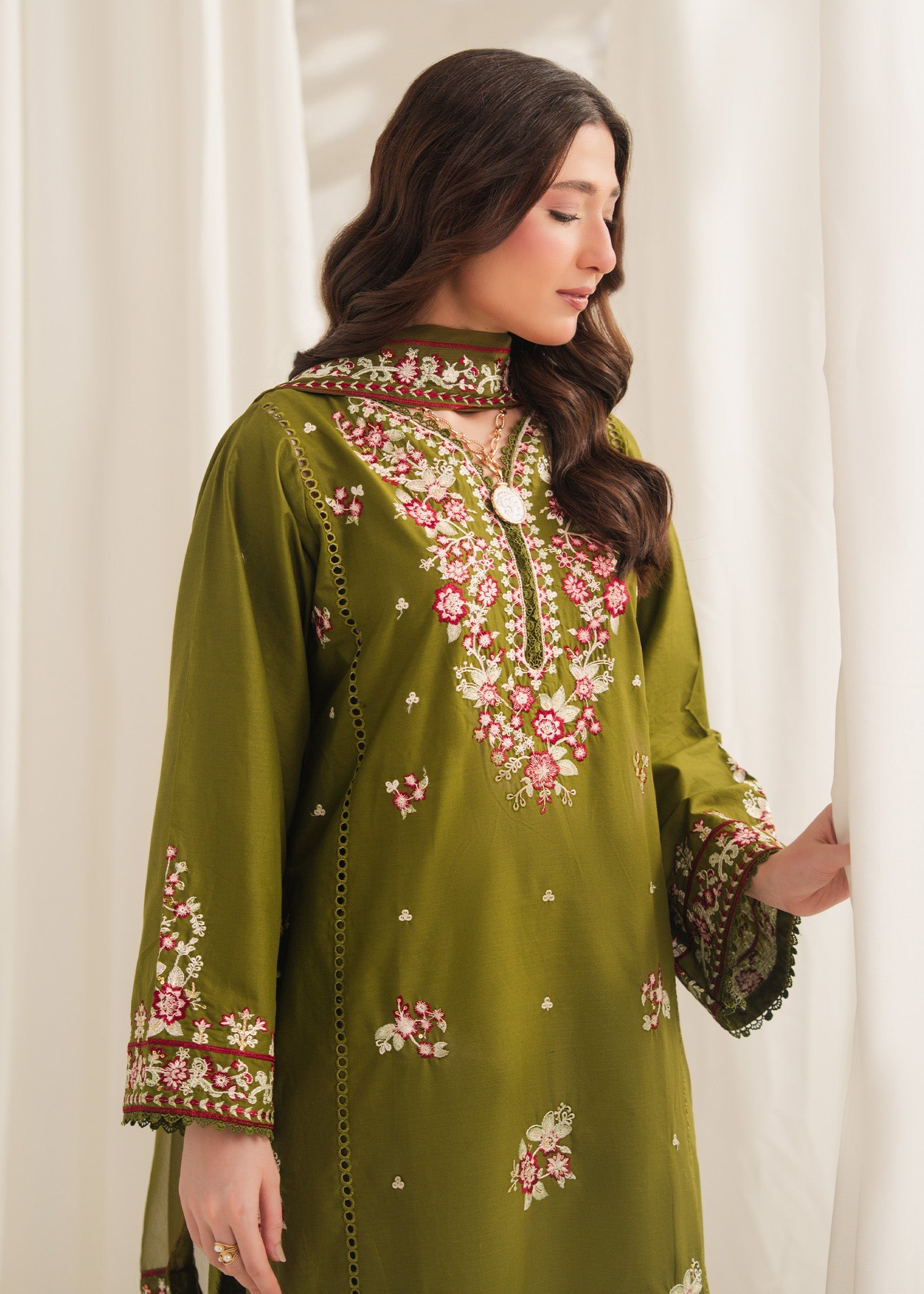 Anarkali Embroidered 3PC | Olive Green Festive Lawn Set with Chiffon Dupatta