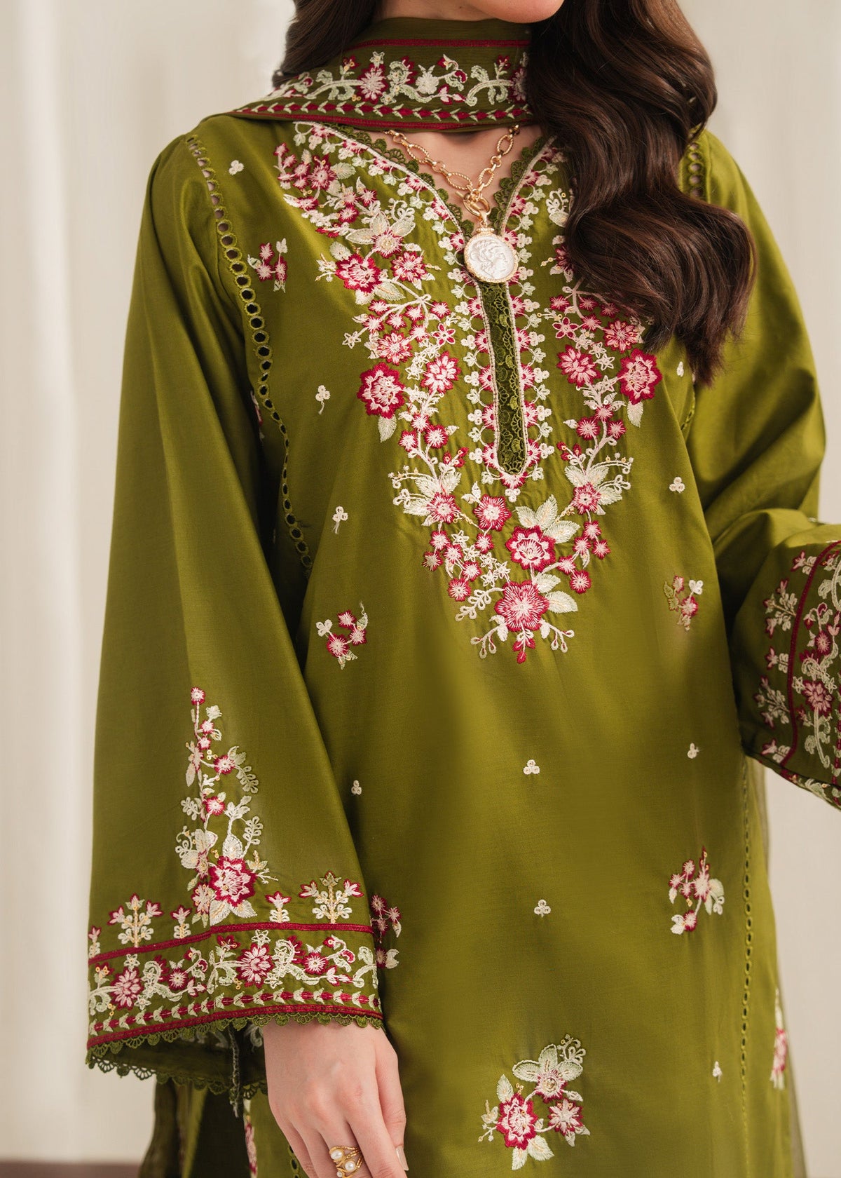 Anarkali Embroidered 3PC | Olive Green Festive Lawn Set with Chiffon Dupatta